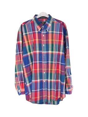 Embassy Row Men’s Button-Down Shirt. Burnt Orange, Red, Blue, Green. Size Large